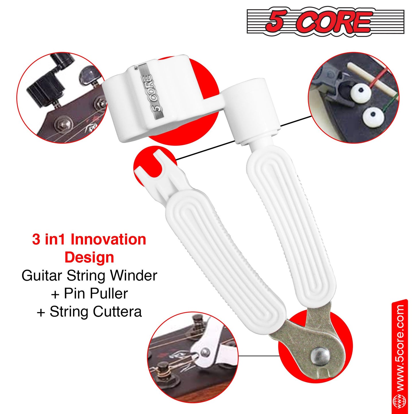 5 Core Guitar String Winder Professional Guitars Tools Peg Winder with Bridge Pin Remover White - GW 1PK WH