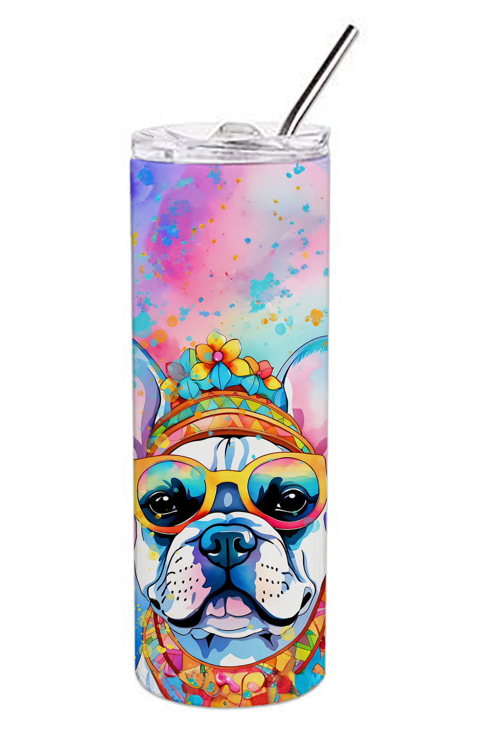 French Bulldog Hippie Dawg Stainless Steel Skinny Tumbler Vacuum Double Walled Reusable Insulated Tumbler Travel Cup for Coffee Cocktails Gift with Lid, 20 oz