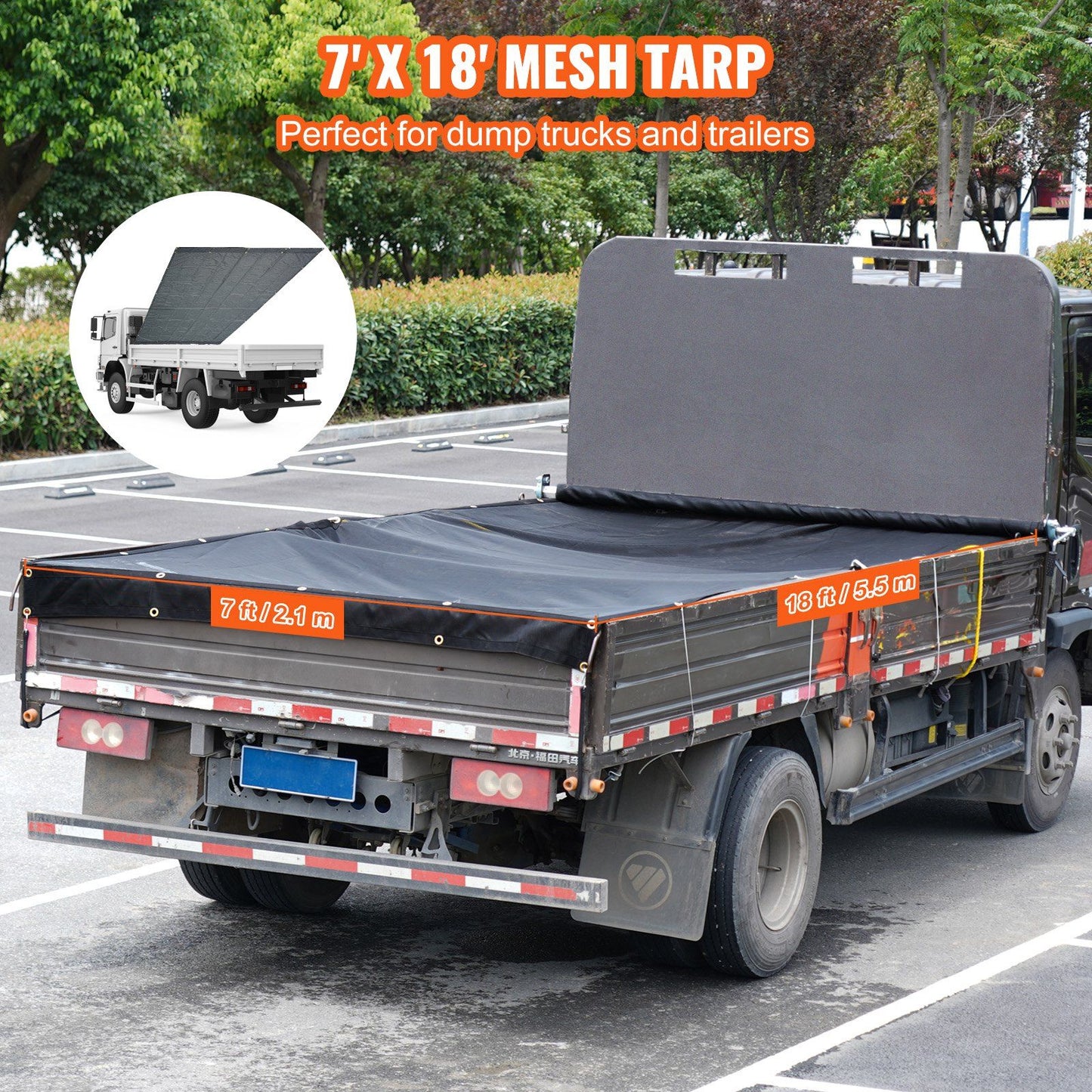 VEVOR Dump Truck Mesh Tarp, 7 x 18 ft, PVC Coated Black Heavy Duty Cover with 5.5" 18oz Double Pocket, Brass Grommets, Reinforced Double Needle Stitch Webbing Fits Manual or Electric Dump Truck System