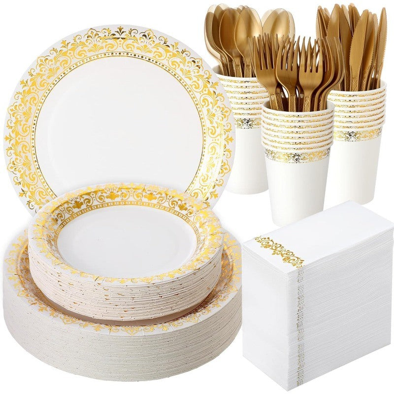 700 Pcs Disposable Dinnerware Set for 100 Guests Include 200 Paper Plates, 300 Plastic Silverware, 100 Paper Cups, 100 Napkins