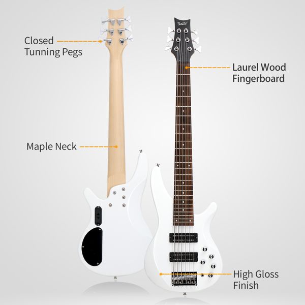 [Do Not Sell on Amazon]Glarry 44 Inch GIB 6 String H-H Pickup Laurel Wood Fingerboard Electric Bass Guitar with Bag and other Accessories White