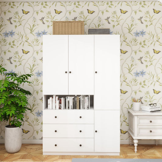 3-Door Armoire Wardrobe Closet, Wooden 3 Drawers White Closet Storage Cabinet for Large Capacity, Tall Cabinet Closet with 2 Hanging Rod for Bedroom 47.3" L x 20.3" W x 72" H