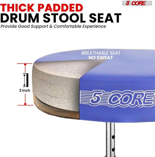 5Core Drum Throne Adjustable Guitar Stool Padded Seat + Drum Practice Pad Snare Drumming Stand - DS CH BLU + DPAD COMBO BLU