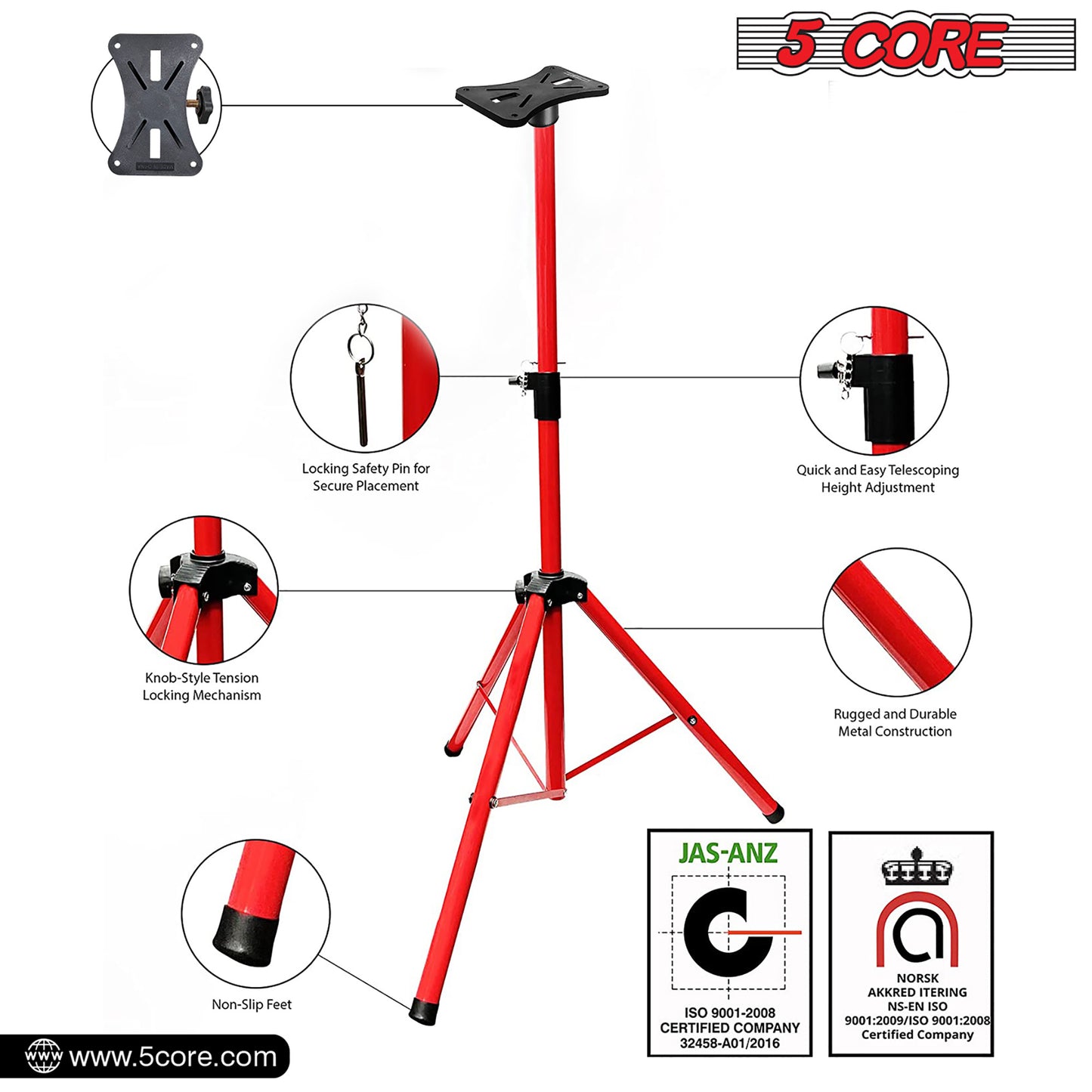 5 Core Speaker Stand Tripod Floor Tall Pair Adjustable Up to 72 Inch DJ Studio Monitor Stands Pole Mount  - SS ECO 2PK WoB