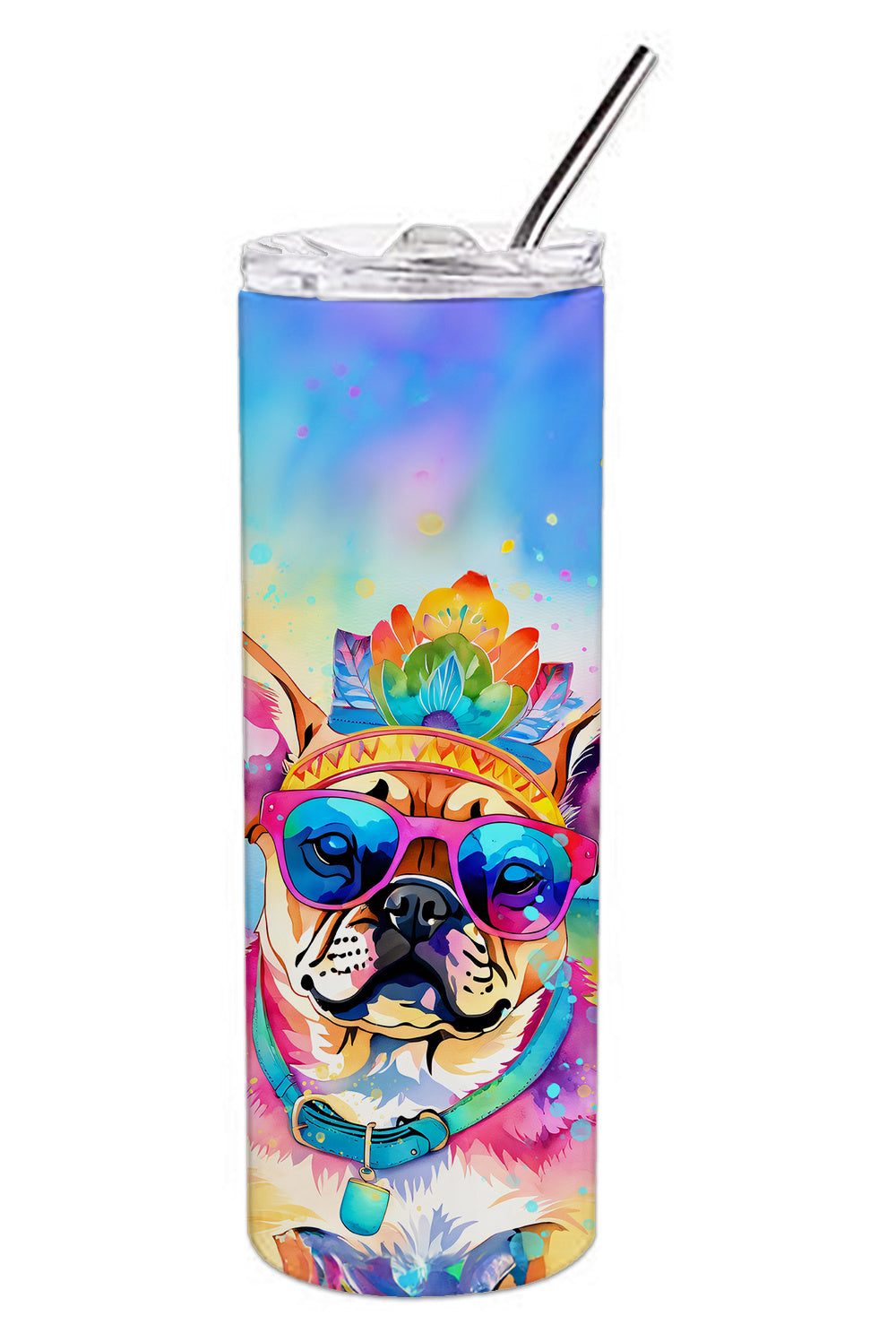 Pug Hippie Dawg Stainless Steel Skinny Tumbler Vacuum Double Walled Reusable Insulated Tumbler Travel Cup for Coffee Cocktails Gift with Lid, 20 oz