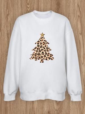 Women Basic Casual Pullover Spring Autumn Long Sleeve Leopard Christmas Tree Printed Round Neck