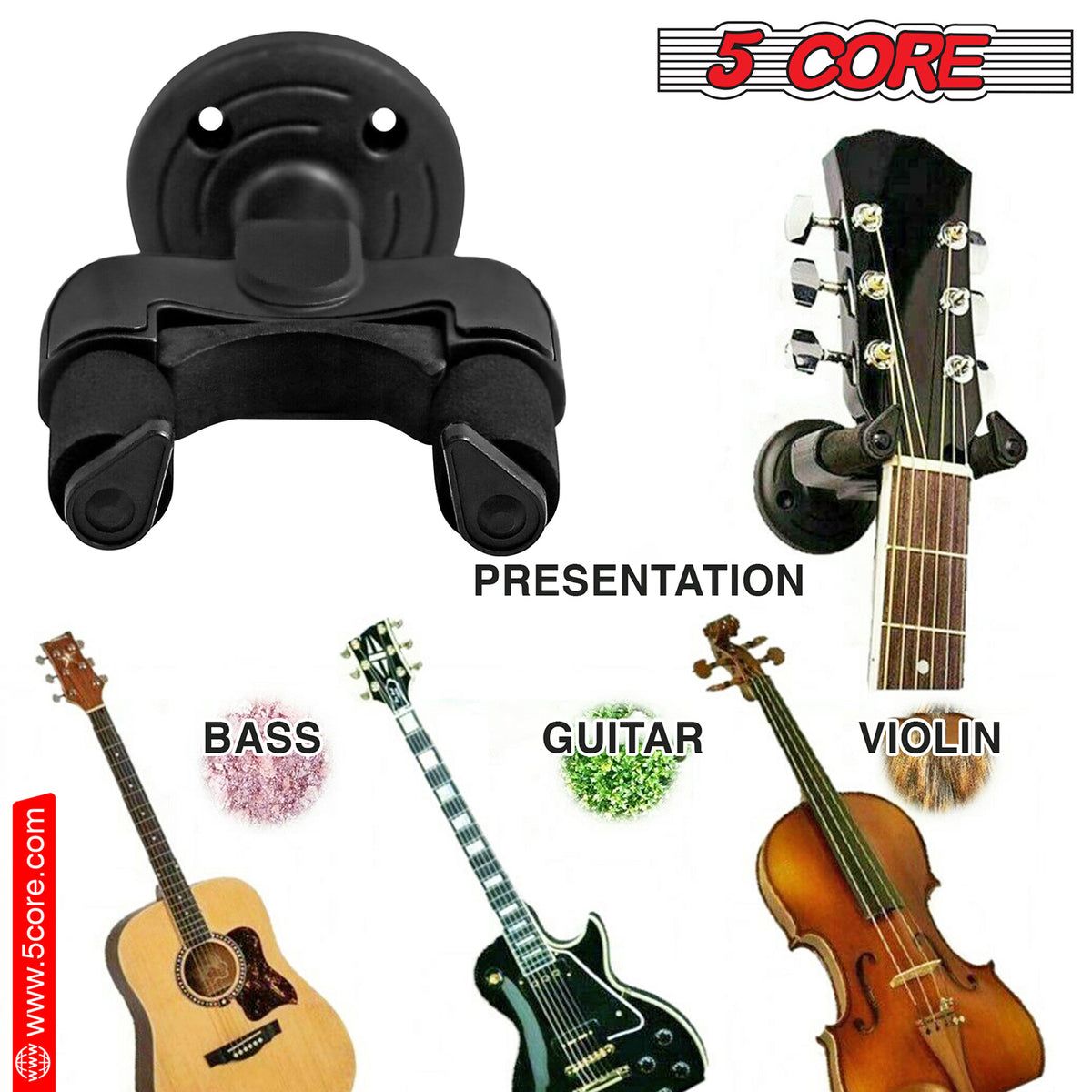 5 CORE Guitar Wall Mount Hanger Hook with Metal Base Soft Padding Adjustable Rotatable Holder for Acoustic Classical Electric Bass Guitars - GH ABS