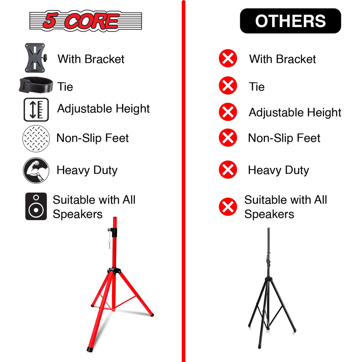 5 Core Speaker Stand Tripod Floor Heavy Duty Adjustable Up to 72 Inch DJ Studio Monitor Stands Pole Mount  - SS HD RED BAG