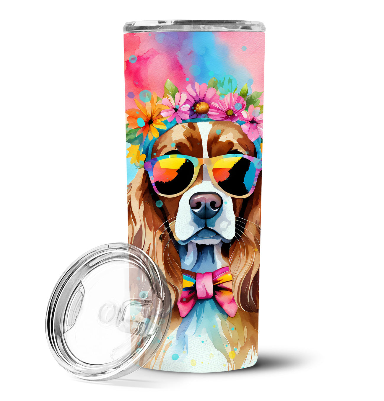 Cavalier Spaniel Hippie Dawg Stainless Steel Skinny Tumbler Vacuum Double Walled Reusable Insulated Tumbler Travel Cup for Coffee Cocktails Gift with Lid, 20 oz