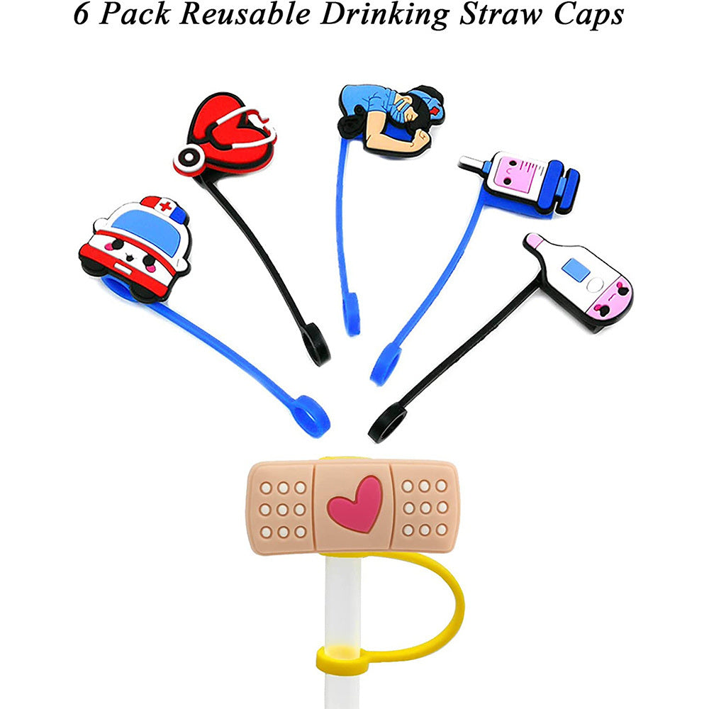 6pcs Reusable Nurse Theme Straw Covers - Dust-Proof Silicone Tips for 7-8 mm Straws - Easy to Clean and Convenient