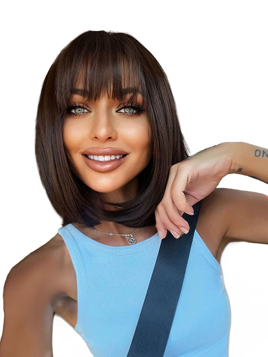 Medium-length straight hair fully machined bangs wig 14 inches natural black heat-resistant fiber high temperature silk wig dyeable and permable bangs synthetic wig