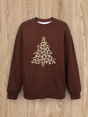 Women Basic Casual Pullover Spring Autumn Long Sleeve Leopard Christmas Tree Printed Round Neck