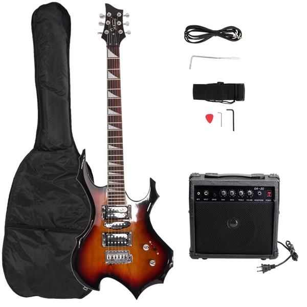 [Do Not Sell on Amazon]Glarry Flame Shaped Electric Guitar with 20W Electric Guitar Sound HSH Pickup Novice Guitar Audio Bag Strap Picks Shake Cable Wrench Tool Sunset Color