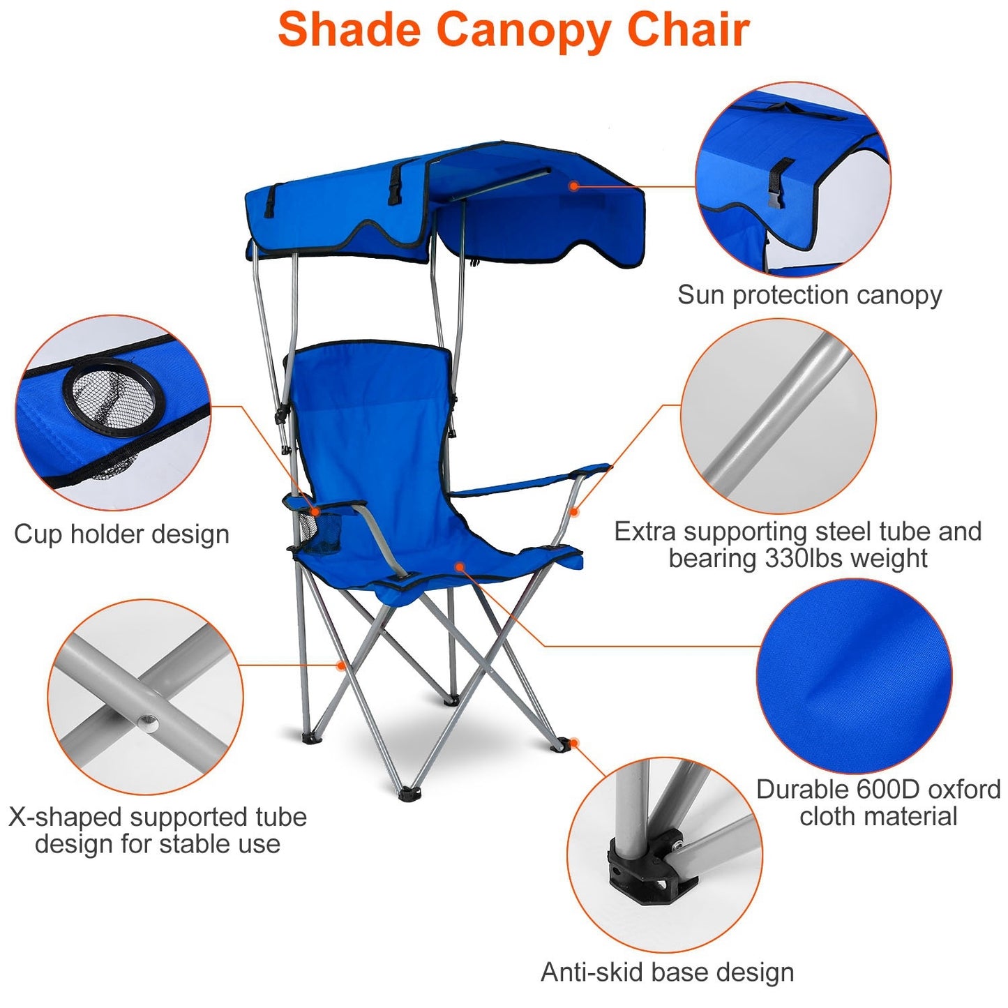 Foldable Beach Canopy Chair Sun Protection Camping Lawn Canopy Chair 330LBS Load Folding Seat