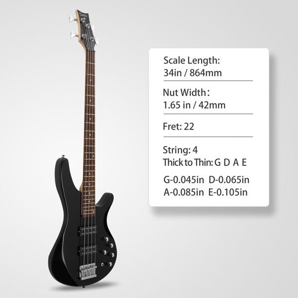 [Do Not Sell on Amazon]Glarry 44 Inch GIB 4 String H-H Pickup Laurel Wood Fingerboard Electric Bass Guitar with Bag and other Accessories Black