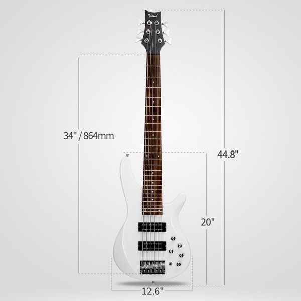 [Do Not Sell on Amazon]Glarry 44 Inch GIB 6 String H-H Pickup Laurel Wood Fingerboard Electric Bass Guitar with Bag and other Accessories White