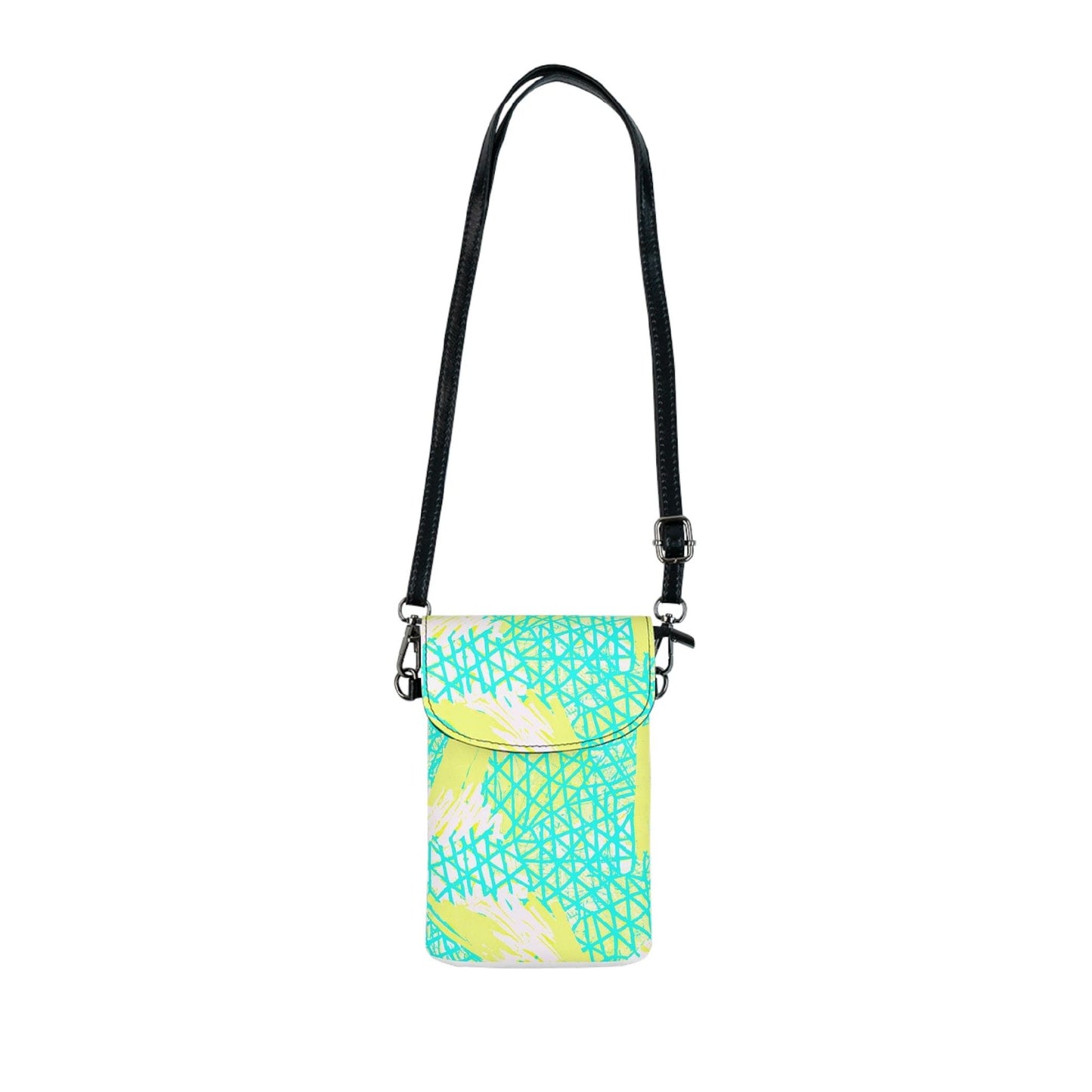 Crossbody Cell Phone Wallet Purse, Cyan Blue Lime Green And White Pattern