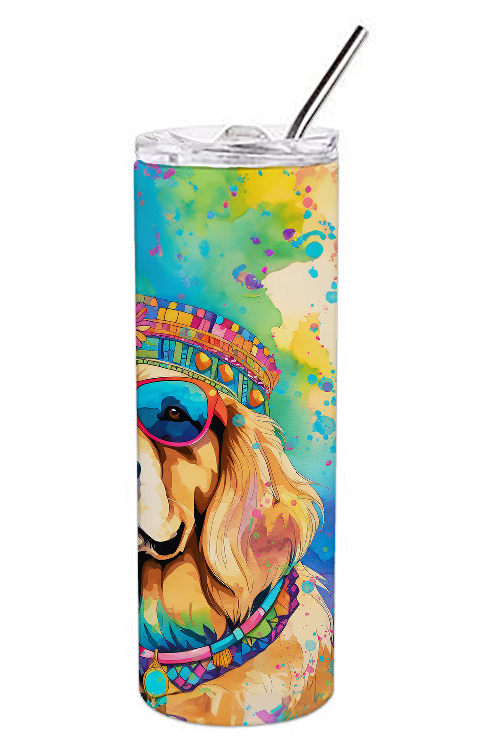 Golden Retriever Hippie Dawg Stainless Steel Skinny Tumbler Vacuum Double Walled Reusable Insulated Tumbler Travel Cup for Coffee Cocktails Gift with Lid, 20 oz