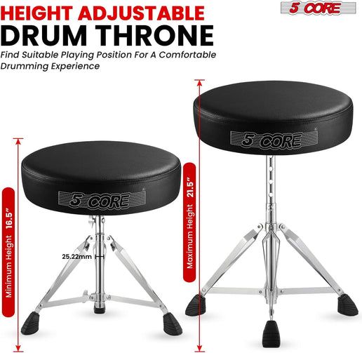 5 Core Drum Throne Adjustable Guitar Stool Padded Seat + Drum Practice Pad Snare Drumming Stand - DS CH BLK + DPAD COMBO BLK