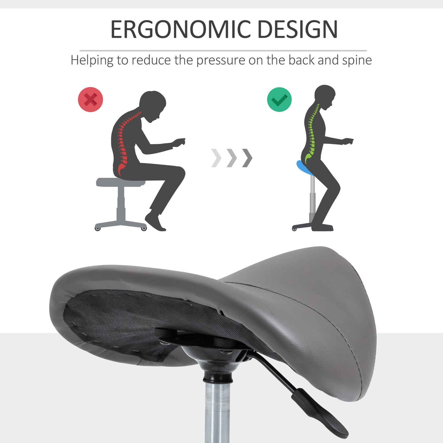 Ergonomic Rolling Saddle Stool PU Leather Hydraulic Spa Stool Height Adjustable Swivel Drafting Medical Salon Chair, Grey