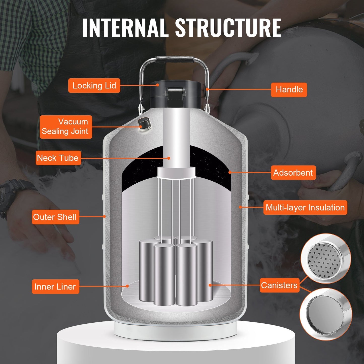 VEVOR Liquid Nitrogen Tank 3 L Aluminum Alloy LN2 Container Dewar 6 Canisters