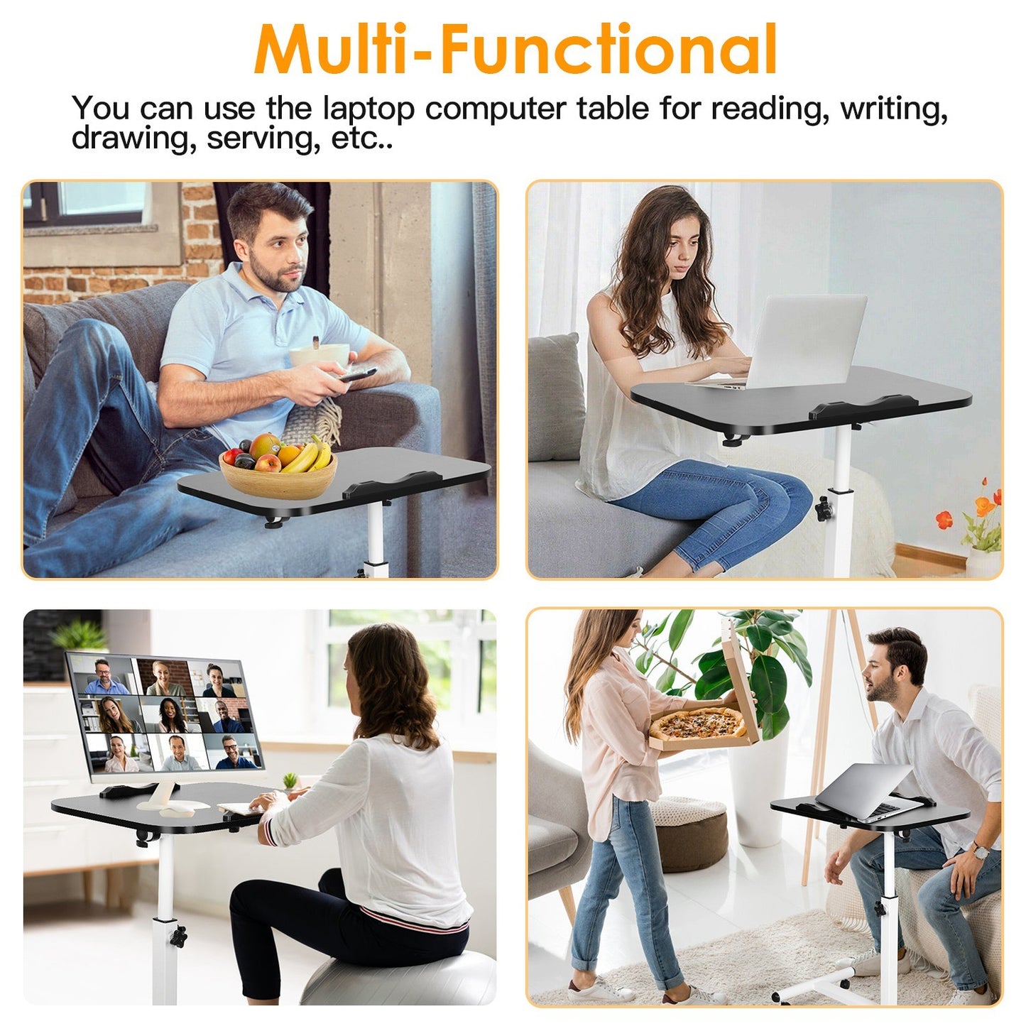 Rolling Laptop Table Portable Computer Desk Movable Table with Adjustable Height Tilting Angle