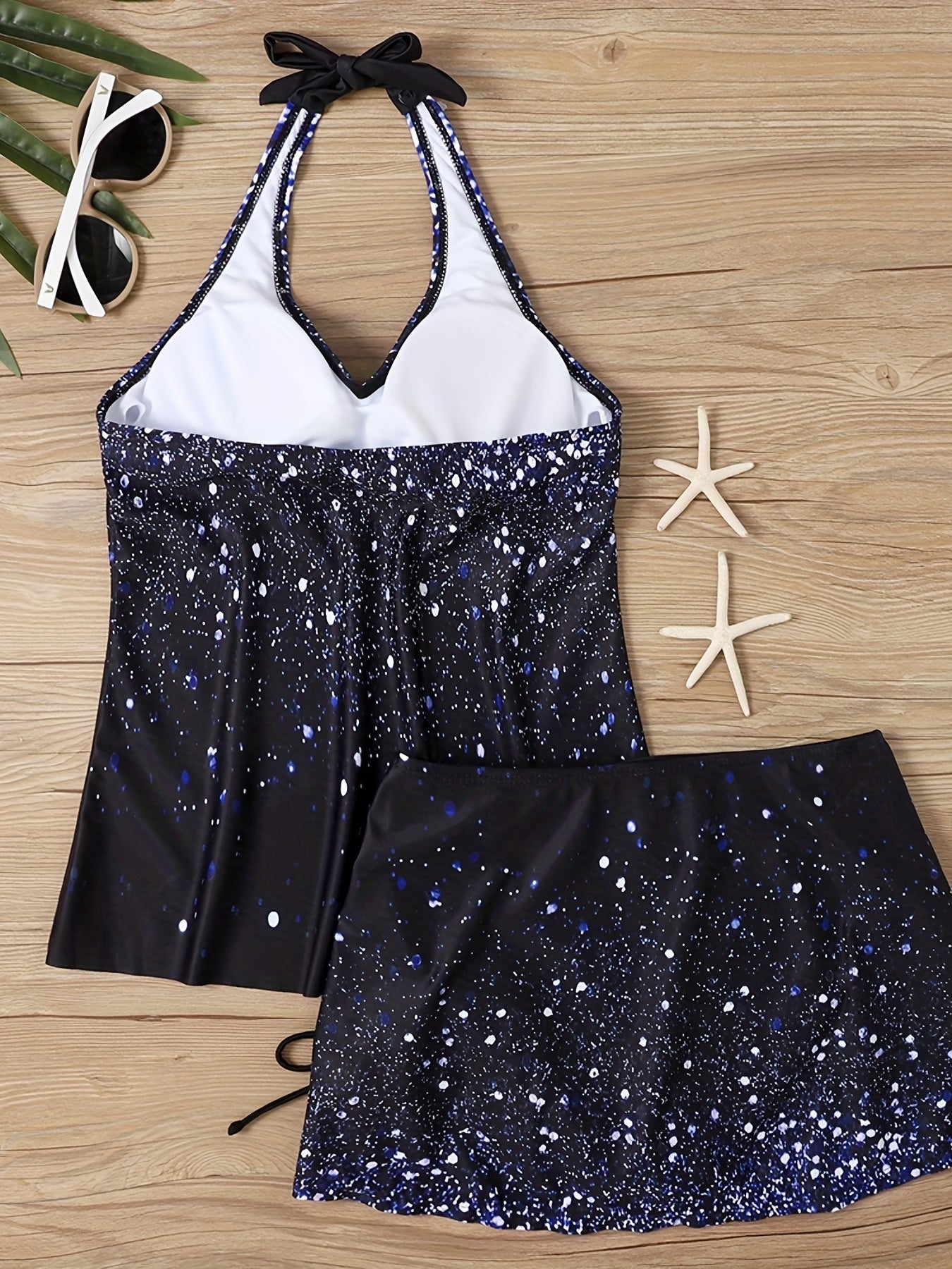 Glitter Galaxy Print Halter 2 Piece Tankini Swimsuit, Tie Neck Backless Drawstring V Neck Stretchy Bathing Suit, Women's Swimwear & Clothing