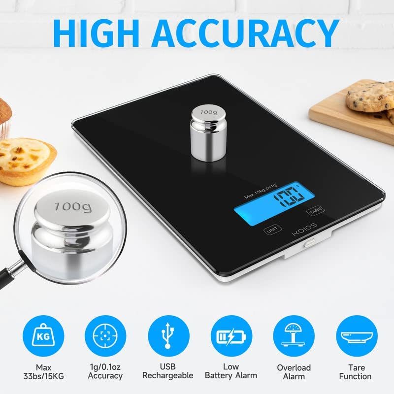 KOIOS Food Scale, 33lb/15Kg Digital Kitchen Scale for Food Ounces and Grams Cooking Baking, 1g/0.1oz Precise Graduation, Waterproof Tempered Glass, USB Rechargeable, 6 Weight Units, Tare Function