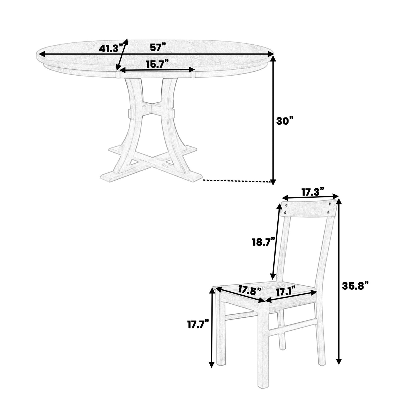 5-Piece Rustic Round Pedestal Extendable Dining Table Set with 15.7\" Removable Leaf and Simple Dining Chirs for Small Places