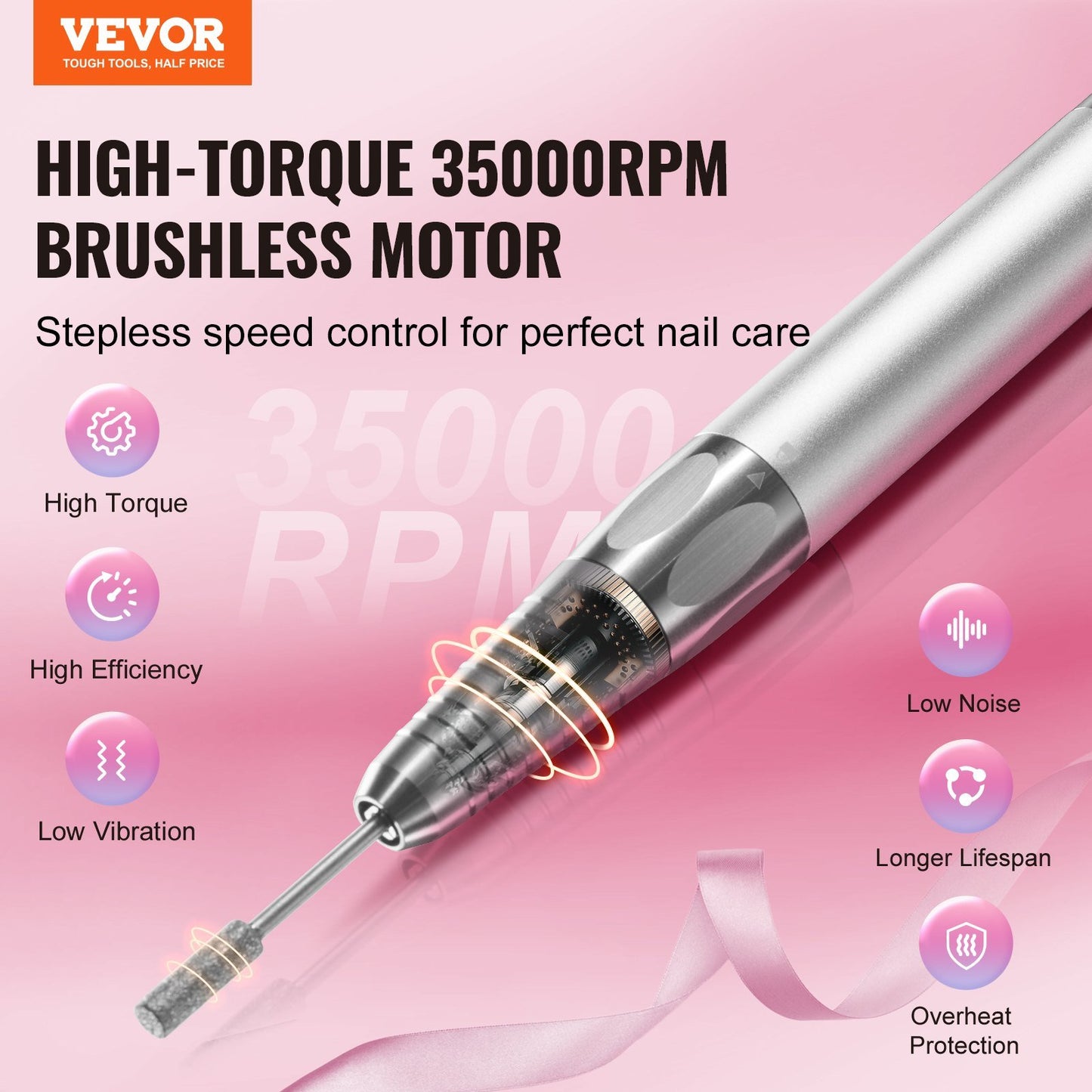 VEVOR Electric Cordless Nail Drill - with High-Torque 35000RRM Brushless Motor, Rechargeable Nail E File Machine with 6 Bits & 50PCS Sanding Band for Acrylic Gel Nails, Portable Manicure Pedicure Tool