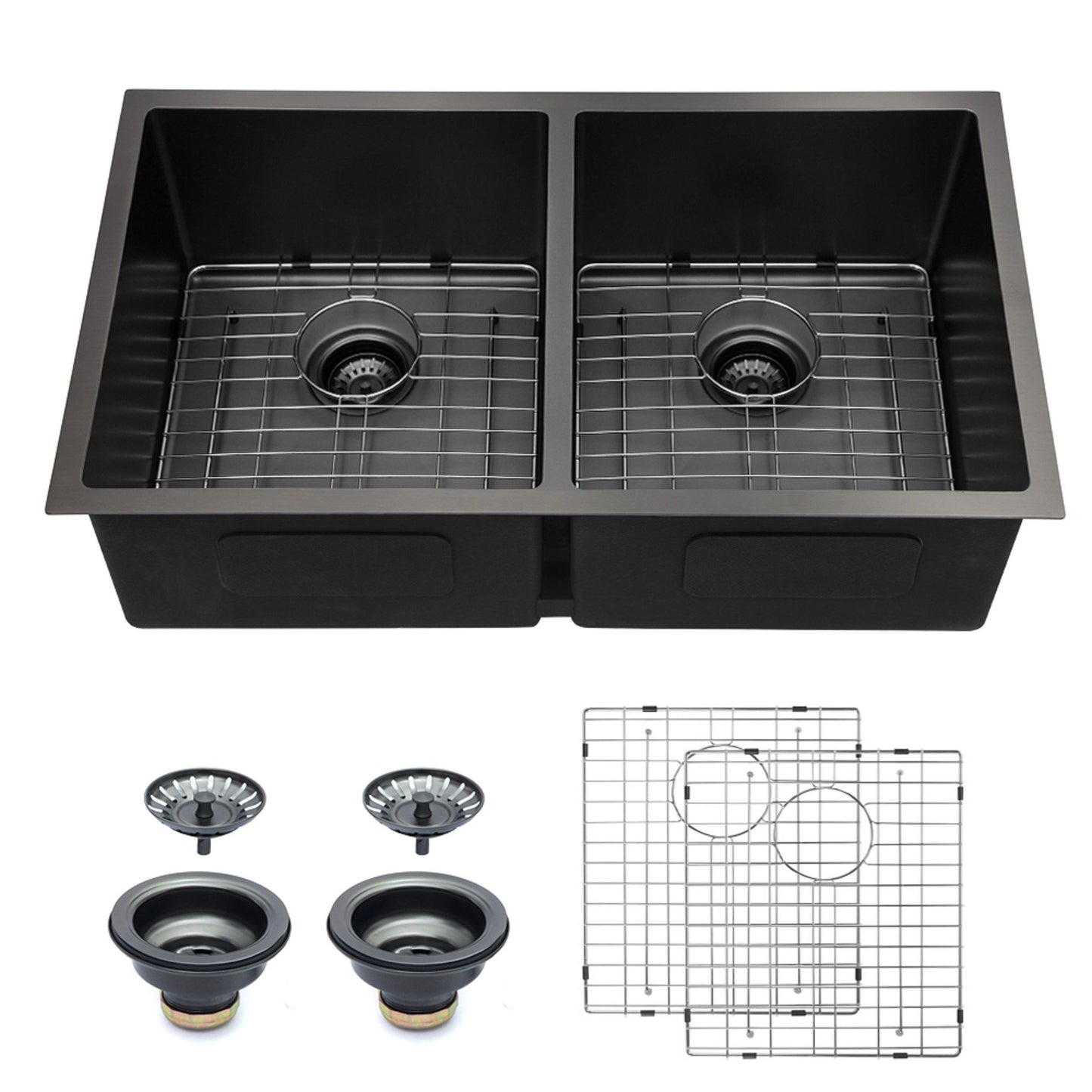 Lordear 33 Inch Undermount Kitchen Sink Double Bowl 16 Gauge Stainless Steel Gunmetal Black Sink