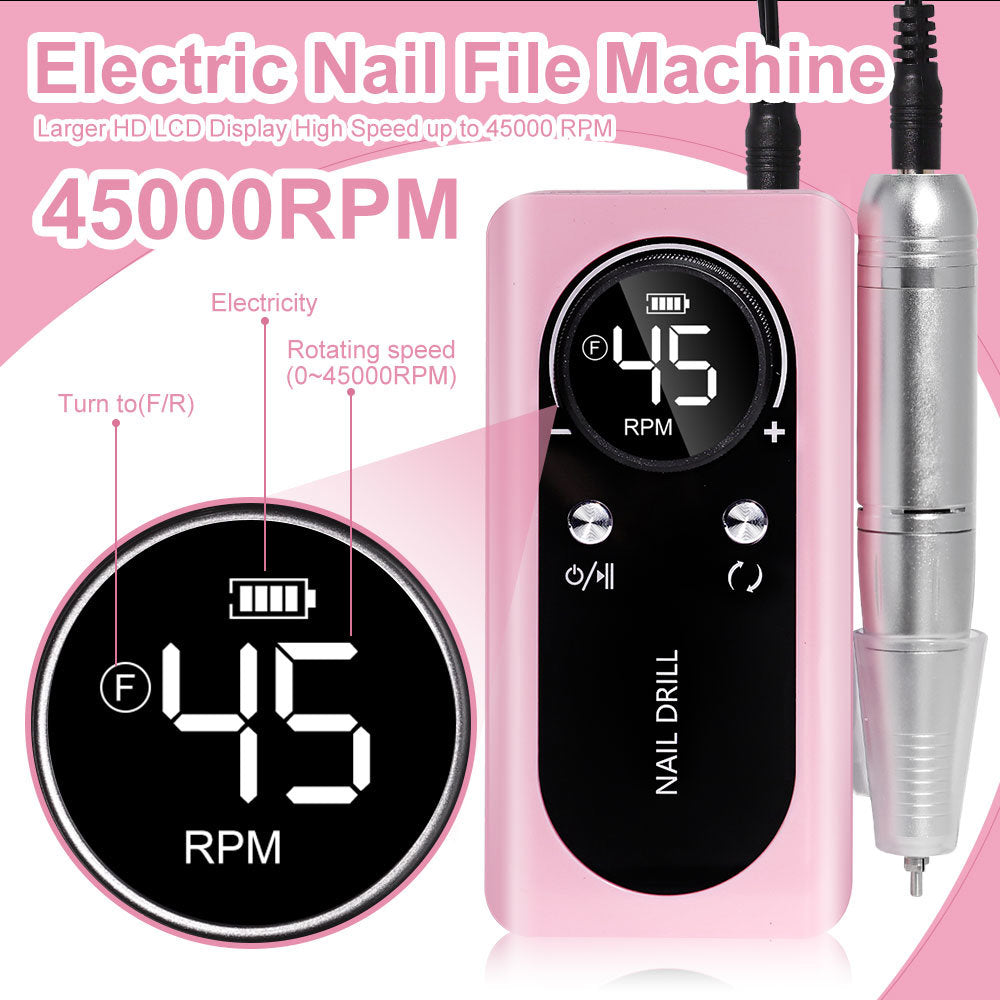 Portable Nail Drill Machine Professional 45000RPM, Rechargeable Electric Nail Drill Machine for Acrylic Nail Gel Polish Removal, Suitable for Nail Salon Home Cordless Nail Drill Machine Kit