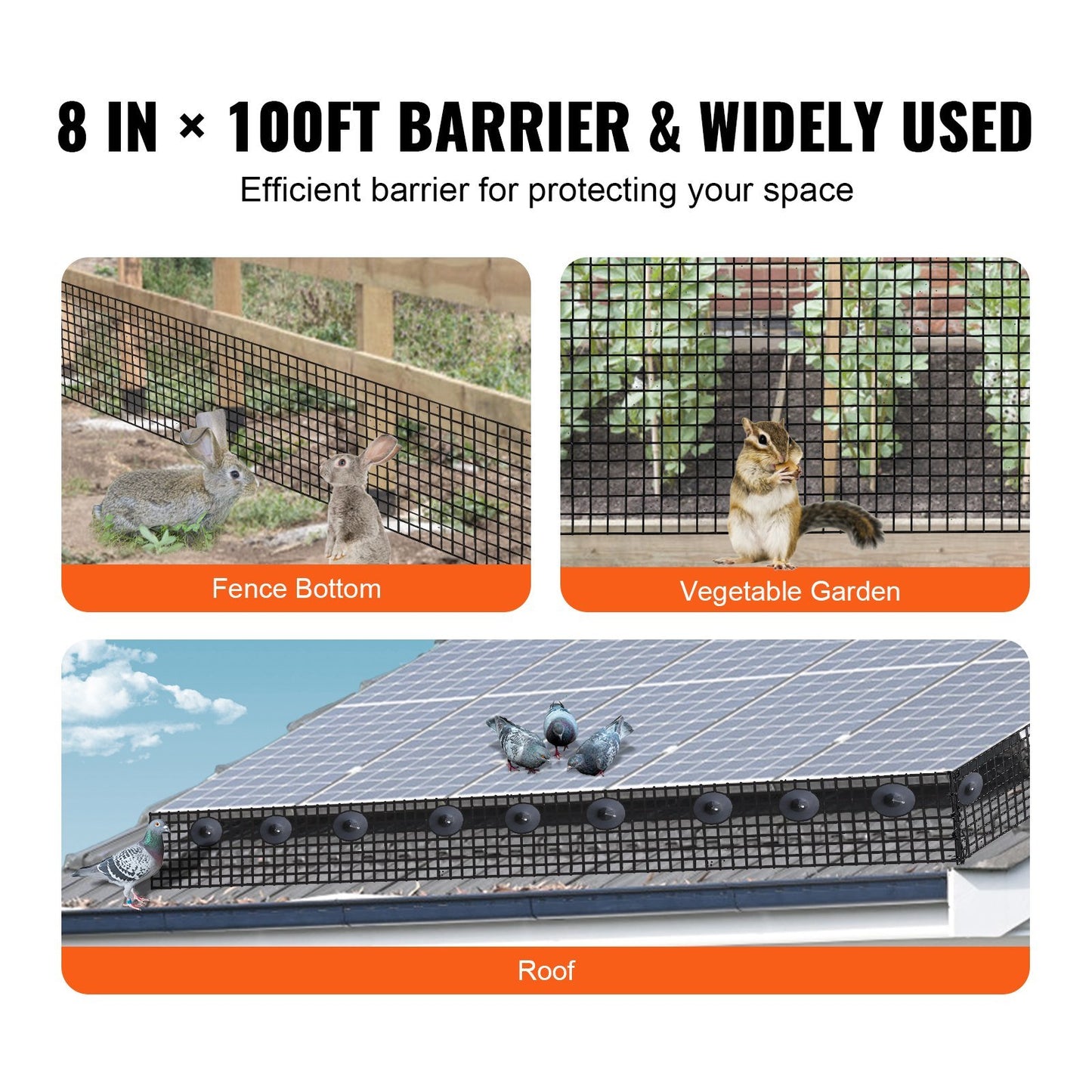 VEVOR 8 inch x 100ft Solar Panel Bird Guard, Critter Guard Roll Kit with 100pcs Stainless Steel Fasteners, Solar Panel Guard with Rust-proof PVC Coating, 1/2 inch Wire Roll Mesh