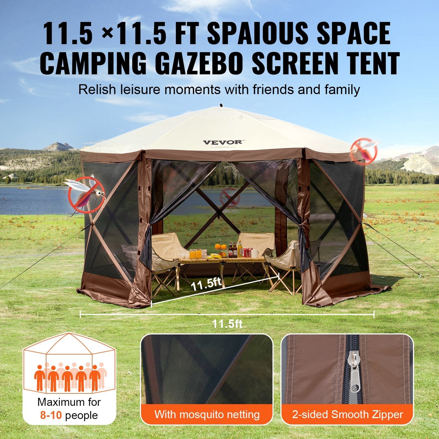 VEVOR Pop Up Gazebo Tent, Pop-Up Screen Tent 6 Sided Canopy Sun Shelter with 6 Removable Privacy Wind Cloths & Mesh Windows, 11.5x11.5FT Quick Set Screen Tent with Mosquito Netting, Brown