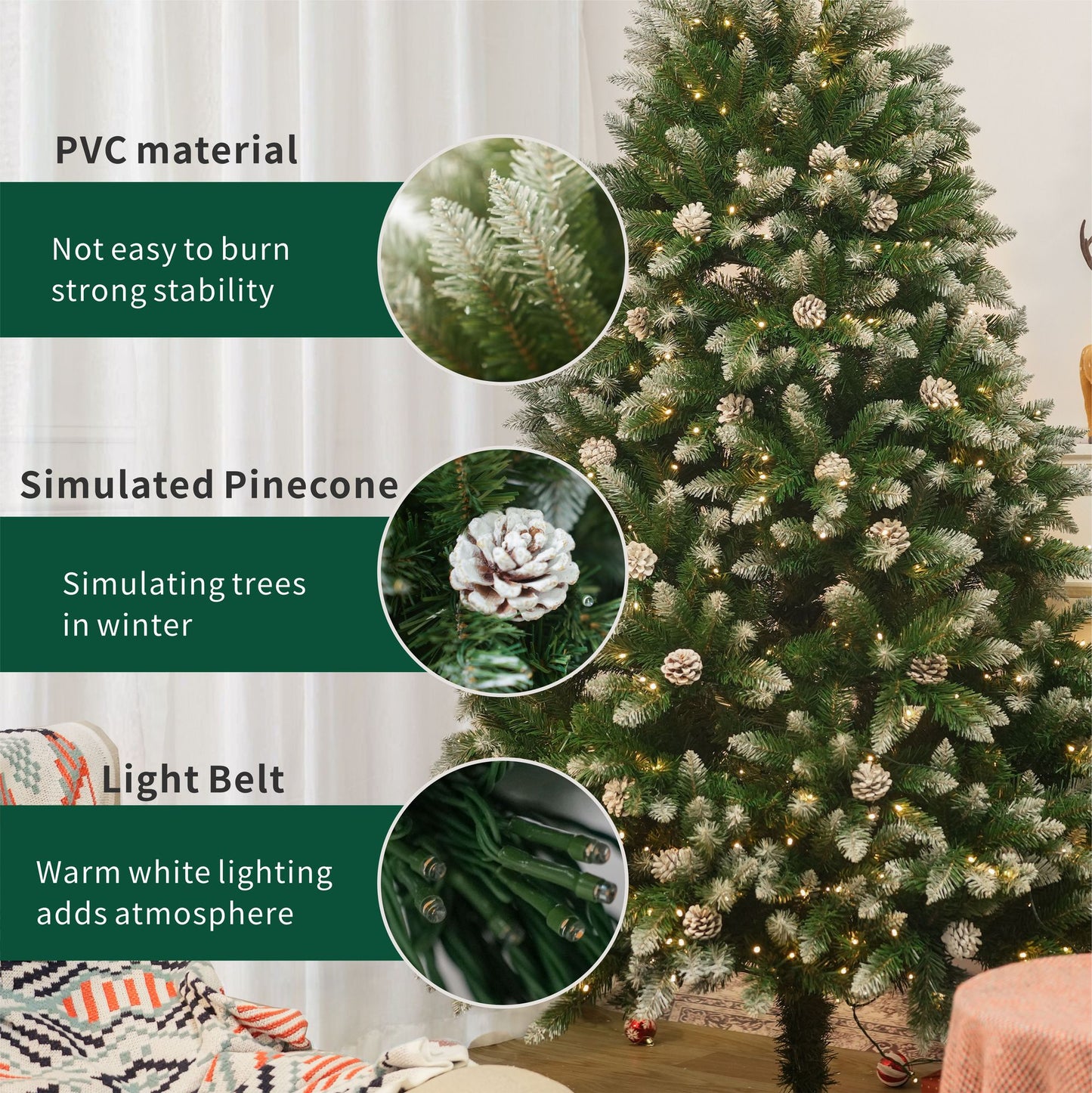 5FT 619 Branch Tips Snow-Frosted Christmas Tree with Pine Cones, Warm White LED Lights