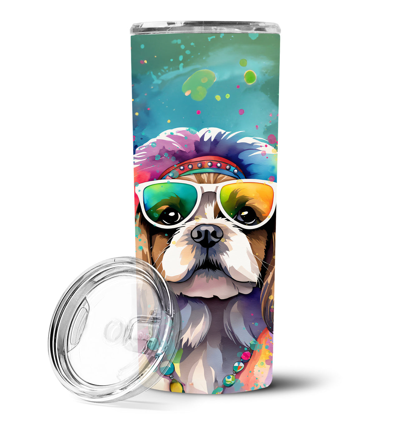 Shih Tzu Hippie Dawg Stainless Steel Skinny Tumbler Vacuum Double Walled Reusable Insulated Tumbler Travel Cup for Coffee Cocktails Gift with Lid, 20 oz