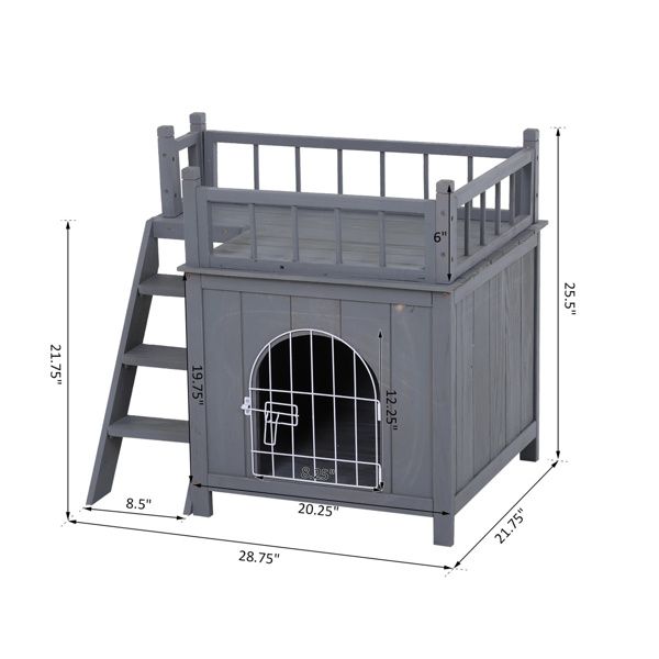 Grey 2-Level Wooden Cat House with Lockable Wire Door