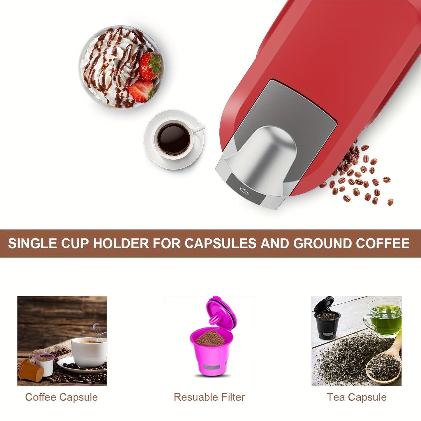 CHULUX Single Serve Coffee Maker Red KCUP Pod Coffee Brewer, Upgrade Single Cup Coffee Machine Fast Brewing, All in One Coffee Maker for K CUP Ground Coffee Tea, Mini Coffee Machine Brew in Minutes