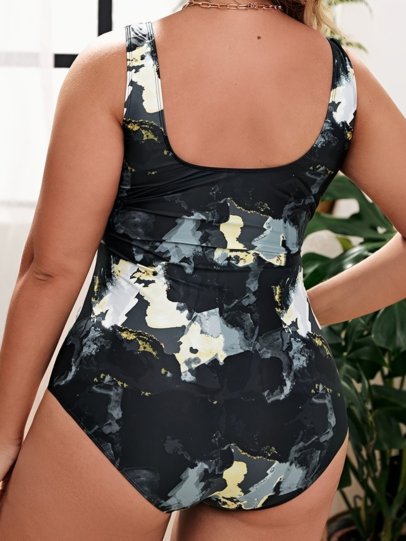 Plus Size Tie Dye Zipper Square Neck One Piece Swimsuit; Women's Plus High Stretch Casual Swimsuit