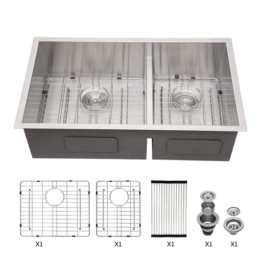 Lordear 33 Inch Undermount Sink Double Bowl 16 Gauge Stainless Steel Low Divide Kitchen Sink