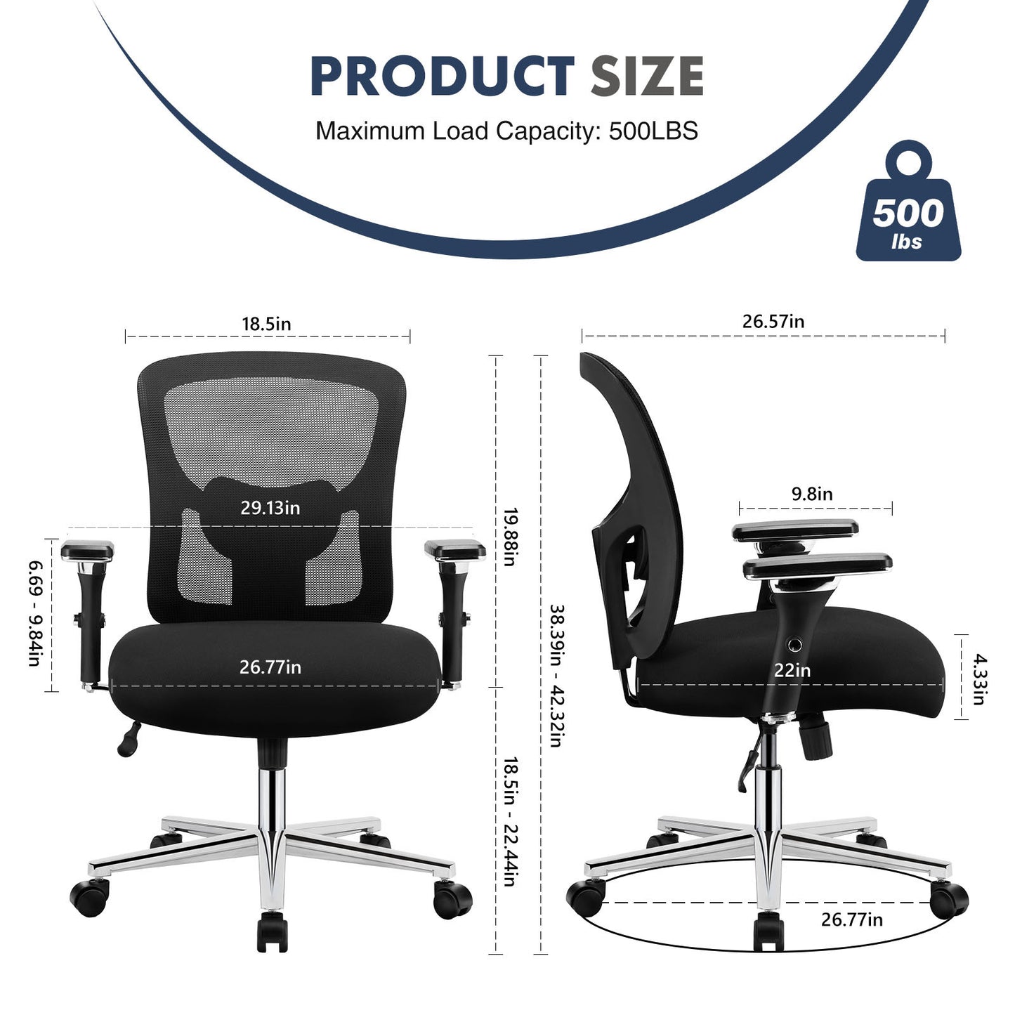 Desk chair, waist support, 500 lb heavy-duty mesh ergonomic computer chair