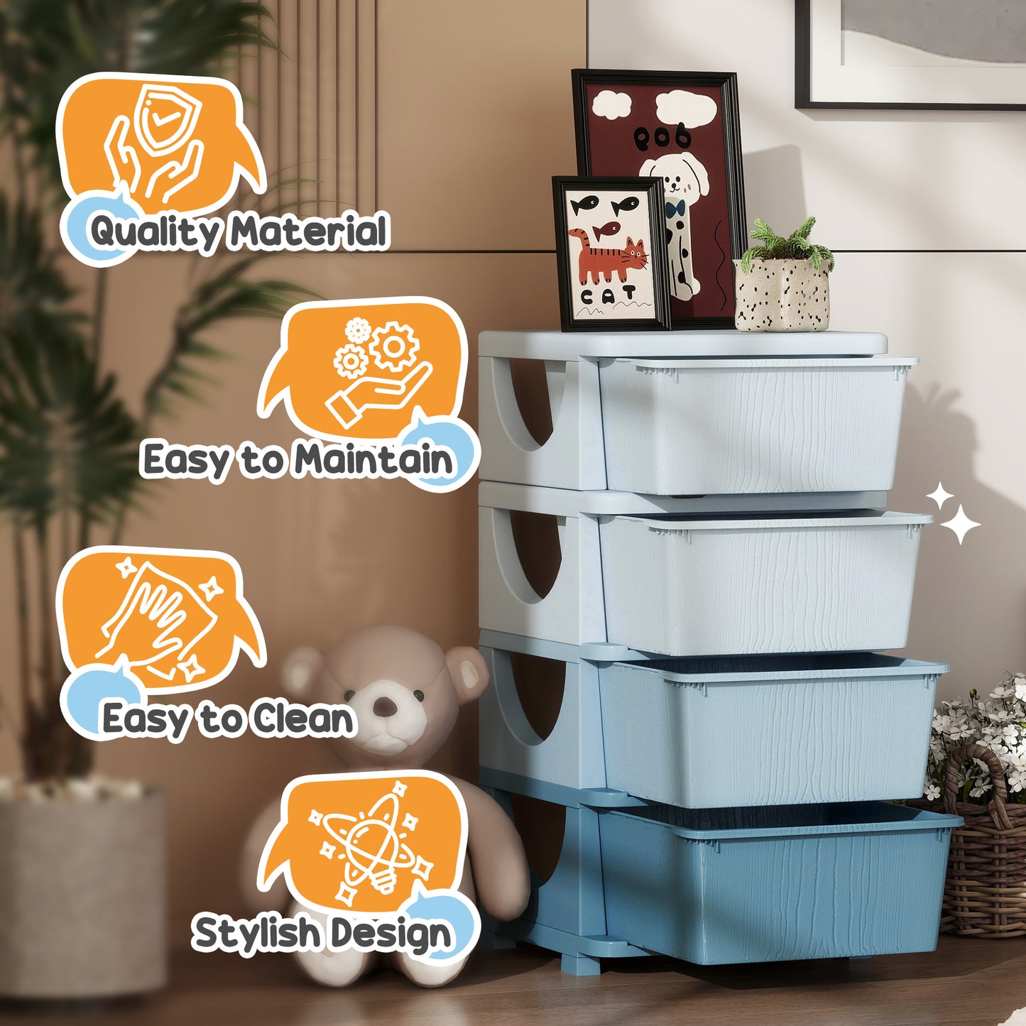 Qaba 4 Tier Kids Storage Unit, 4 Drawer Chest Toy Organizer Plastic Bins for Kids Bedroom Nursery Kindergarten Living Room for Boys Girls Toddlers, Blue