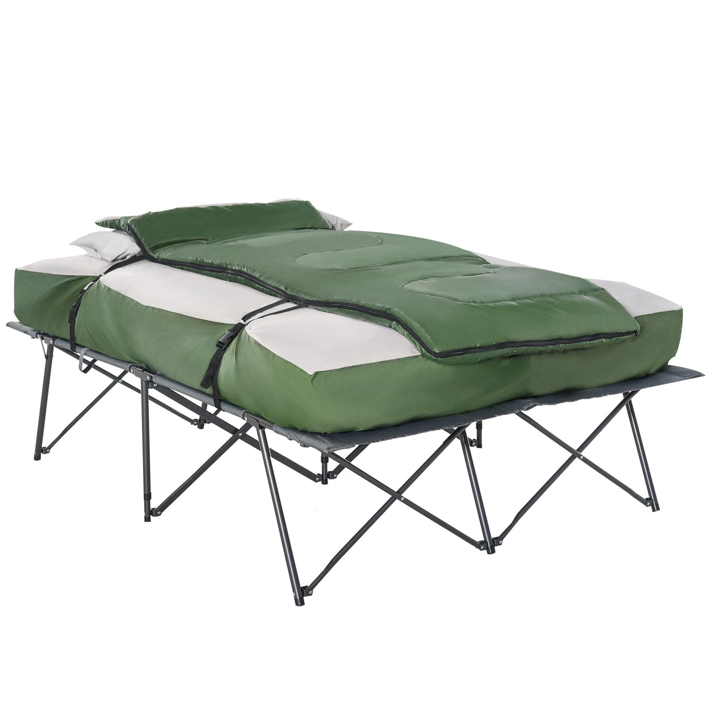 Outsunny 2-Person Folding Camping Cot Portable Outdoor Bed Set with Sleeping Bag, Inflatable Air Mattress, Comfort Pillows and Carry Bag, Soft and Comfortable for Outdoor Travel Camp Beach Vacation