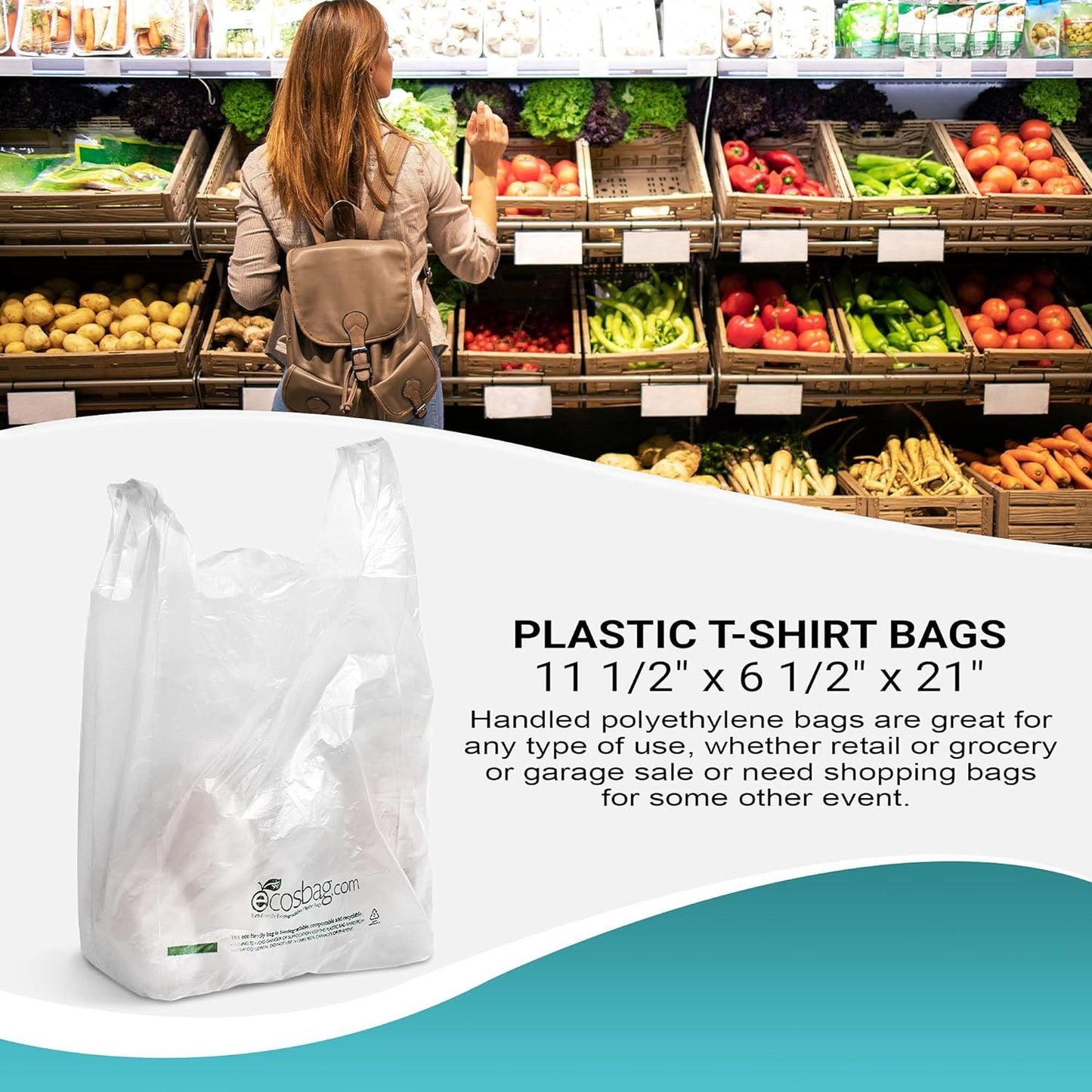Pack of 1000 Earth Friendly Grocery Bags; White 11.5 x 6.5 x 21. Carry-Out T-Shirt Bags 11 1/2 x 6 1/2 x 21. Preprinted Shopping Poly Bags; 0.65 mil. Handle Plastic Bags for Store or Restaurant.