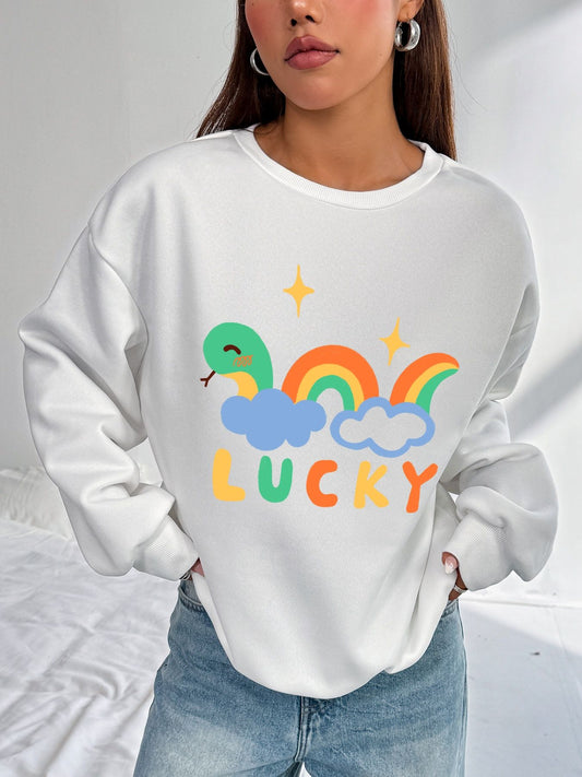 Women Basic Casual Pullover Spring Autumn Long Sleeve Rainbow Snake Printed Round Neck