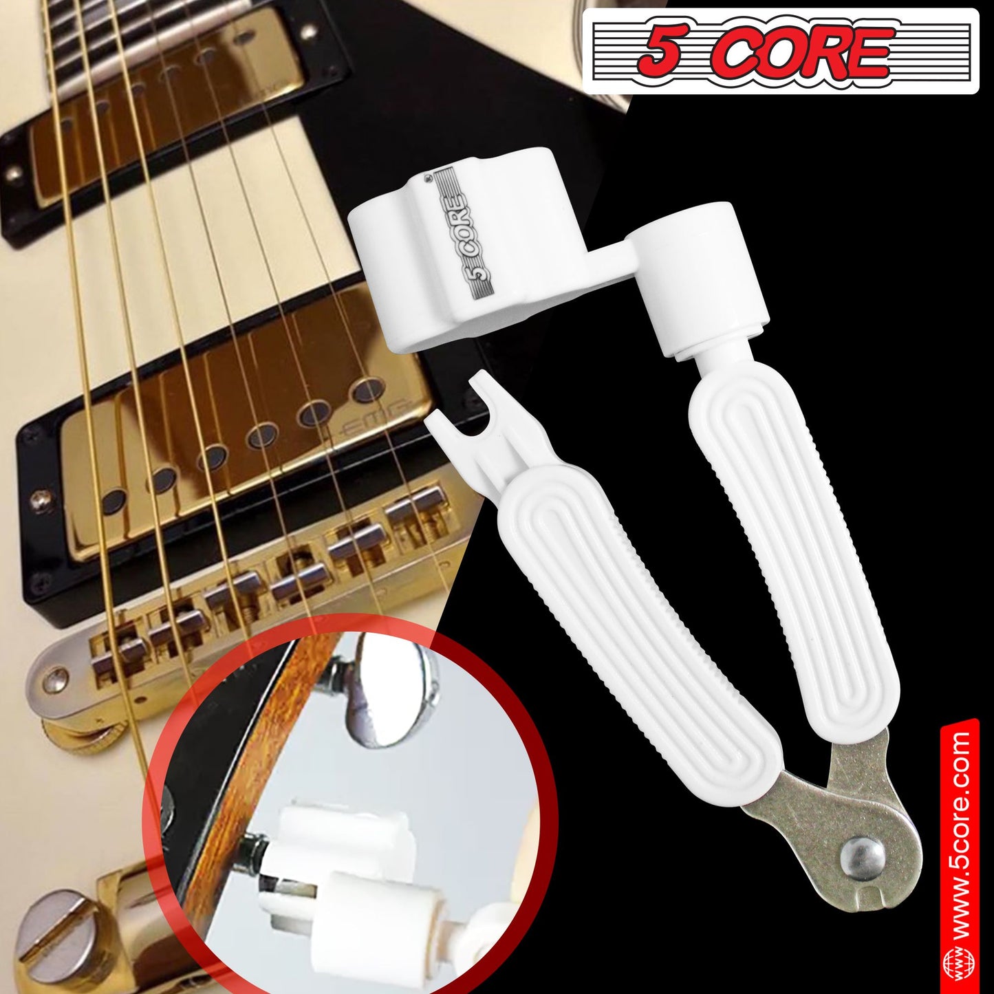 5 Core Guitar String Winder Professional Guitars Tools Peg Winder with Bridge Pin Remover White - GW 1PK WH