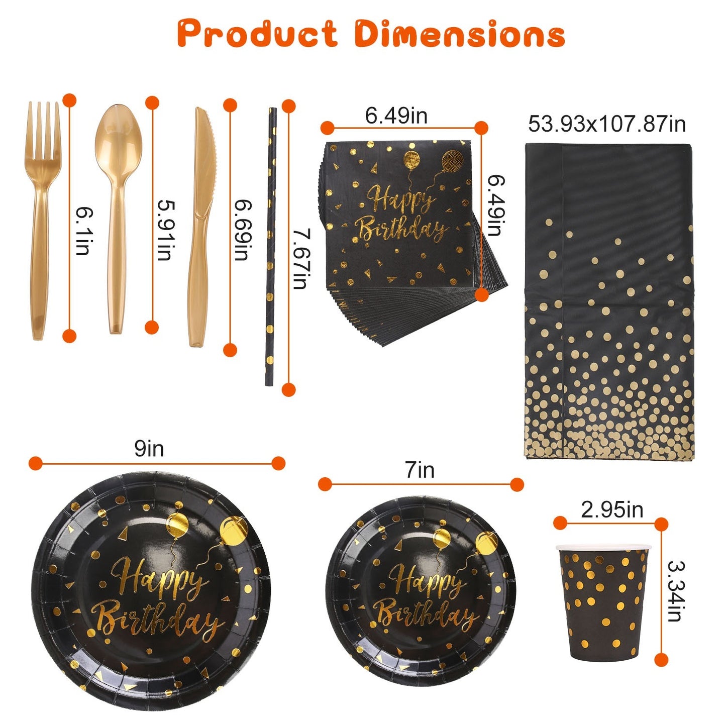 201PCS Black Gold Birthday Party Supplies For 25 Guests Happy Birthday Disposable Dinnerware Set Paper Plates 9OZ Cups Straws Napkins Forks Knives Spoons Tablecloth