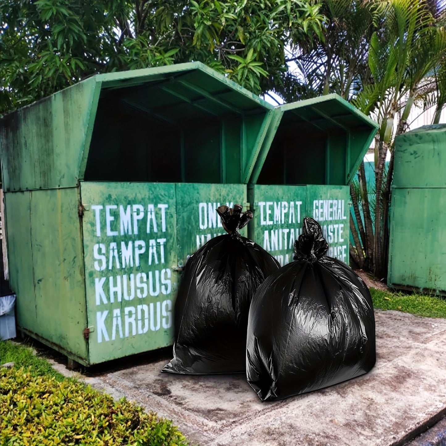 Multiple large heavy-duty tank liners - black plastic garbage bags for lawns, leaves, contractors, yards, and outdoor use