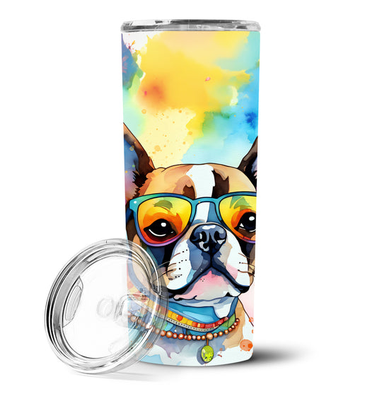 Boston Terrier Hippie Dawg Stainless Steel Skinny Tumbler Vacuum Double Walled Reusable Insulated Tumbler Travel Cup for Coffee Cocktails Gift with Lid, 20 oz