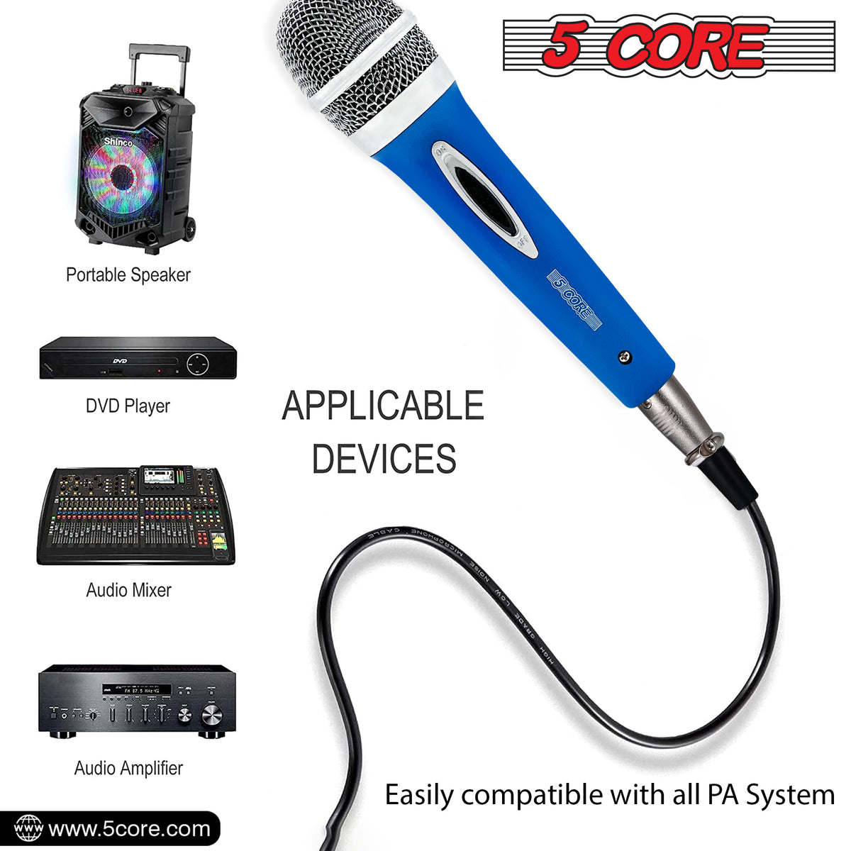 5 Core Microphone Wired Premium Vocal Dynamic Cardioid Handheld Unidirectional Mic with 12ft Detachable XLR Cable to inch Audio Jack and On/Off Switch for Karaoke Singing (Blue) PM 286 BLU